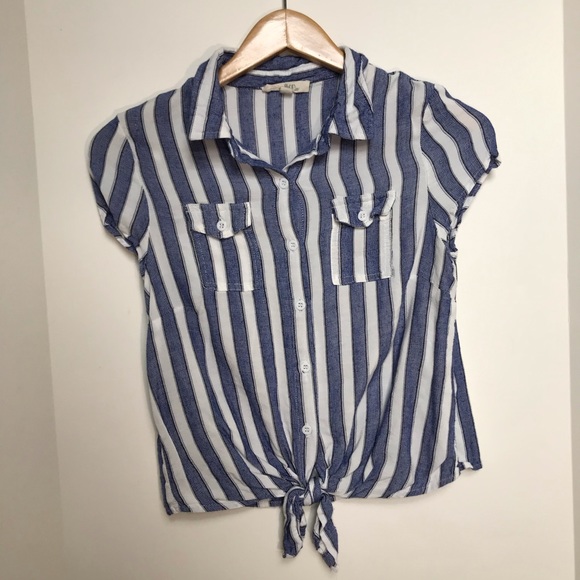 S short sleeve button down stripes blue with tie - Picture 1 of 2